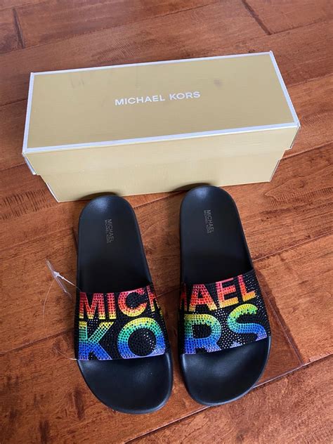 rainbow michael kors slides|Michael Kors Women's Gilmore Rainbow Pride Pool Slide .